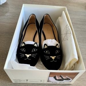Charlotte Olympia Kitty Flat Black/Gold Velvet Size 38.5
